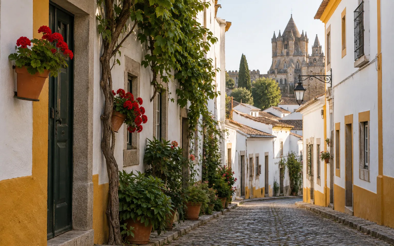 Full Day Evora: A whitewashed Évora lane framed in ochre
